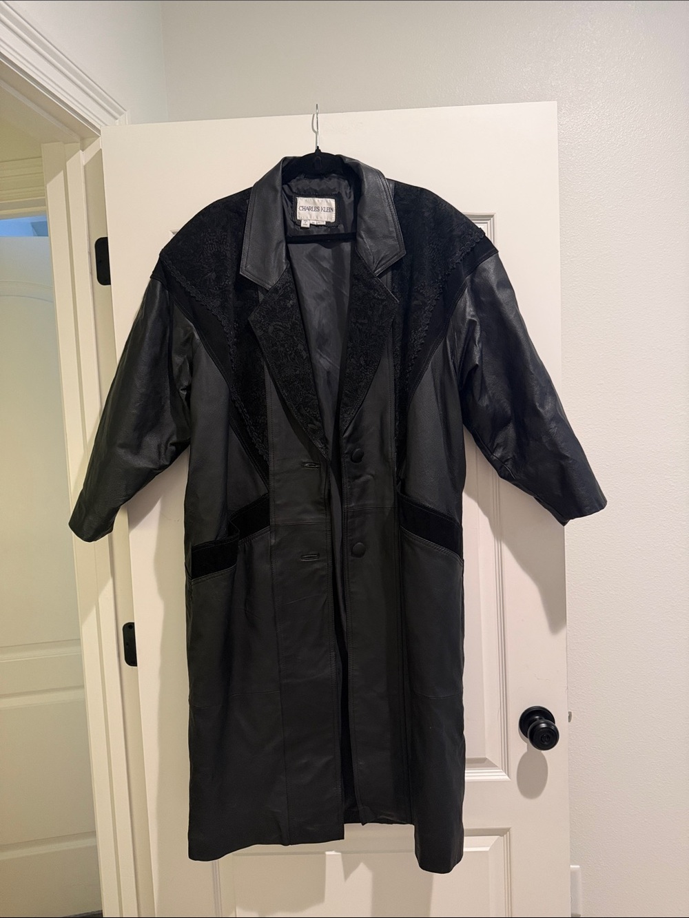Leather vintage Black trench coat jacket button front size medium